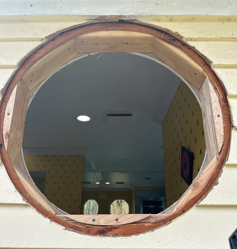 Inside a wall framed for a circle window